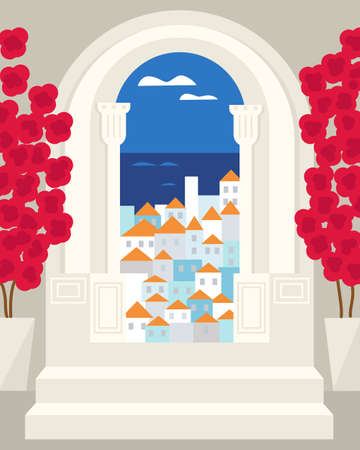 Summer landscape. Greece. View through the arch to the sea and houses. Illustrationのイラスト素材