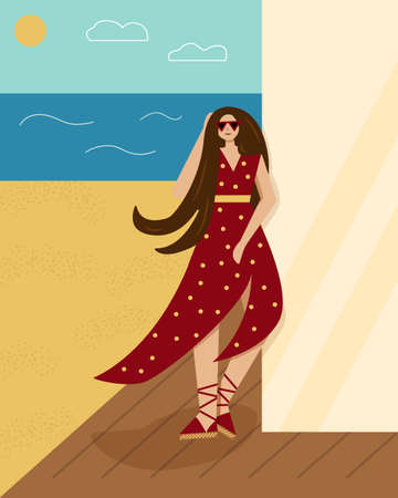A stylish woman in a red polka dot dress is relaxing at the sea. Vacation, beach. Illustrationのイラスト素材