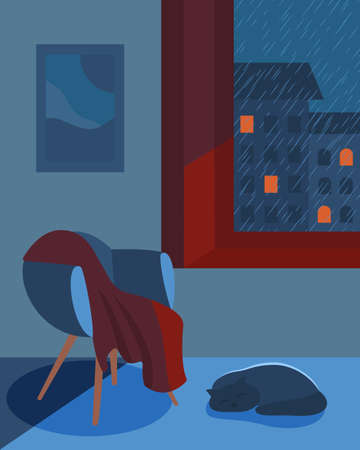Cozy room in the evening with a cat, a chair and a blanket. Rain in the window. Illustration.のイラスト素材