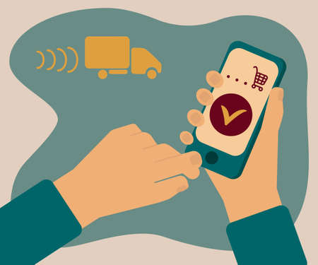 Hands holding a smartphone. Fast delivery of products from the online store.のイラスト素材