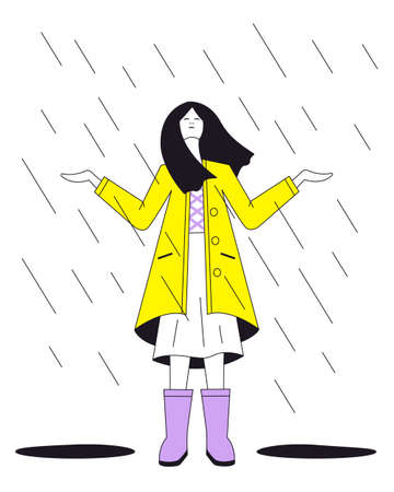 A girl in a yellow raincoat and rubber boots stands in the rain and holds her hands up. Minimalism. Vector illustration.のイラスト素材