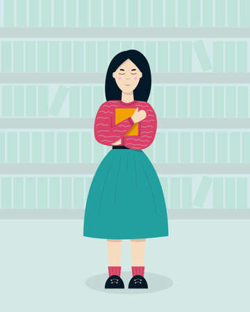 A girl stands and clutches a book in a bookstore.のイラスト素材