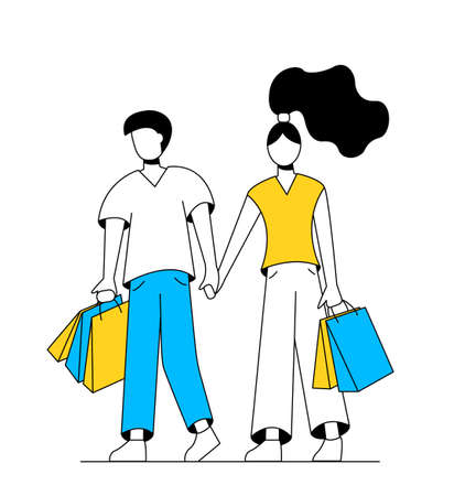 A couple of men and women go shopping with packages. On white background. Bright colors, yellow and blue. Vector illustration. Outlineのイラスト素材