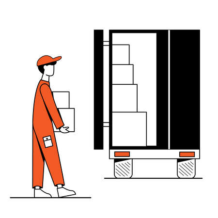 A loader in an orange suit carries boxes to the truck. Vector illustration. Outline