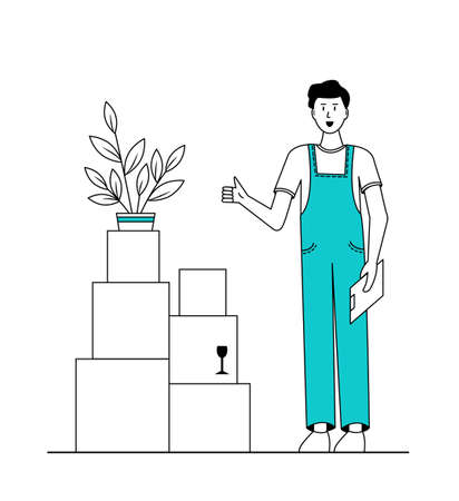 A happy worker stands, smiles, and holds up a finger. On white background. There are boxes nearby. There's a plant at the top. Vector illustration.のイラスト素材