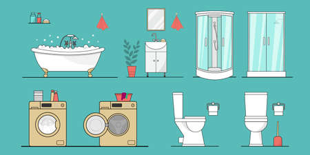 A set of bathroom and toilet. A bath filled with foam. Sink, Cabinet and mirror. Two toilets on the side and front. Two shower cabins. Two washing machines in the process of washing and open.のイラスト素材