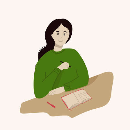 A young girl in a green sweater sits at a table and writes in a diary.のイラスト素材