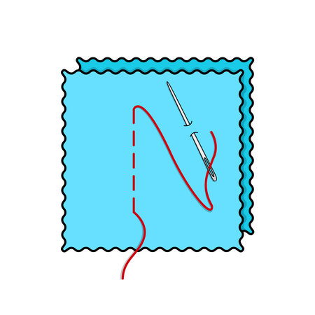 Stitched with red threads on a blue fabric. A needle is stuck in the material. Isolated on a white background.のイラスト素材