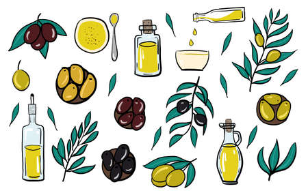 Set of olive oil, bottle, olives, branches on a white background. Hand drawing.のイラスト素材