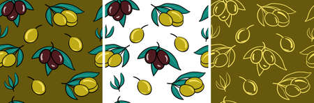 A set of patterns with olives on a green and white background. Hand drawing.のイラスト素材
