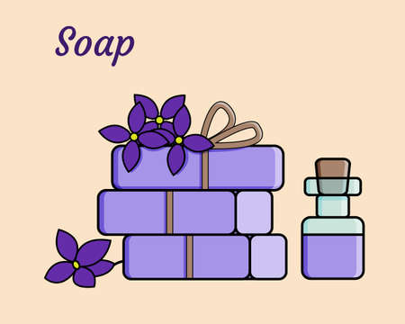 Chunks of hard purple soap tied with a rope, flowers, lavender oil in a bottle, on a beige background.のイラスト素材