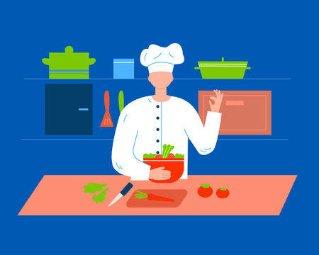 The cook stands with a bowl of salad and shows the OK sign. Kitchen, table, pots and oven. Flat.のイラスト素材