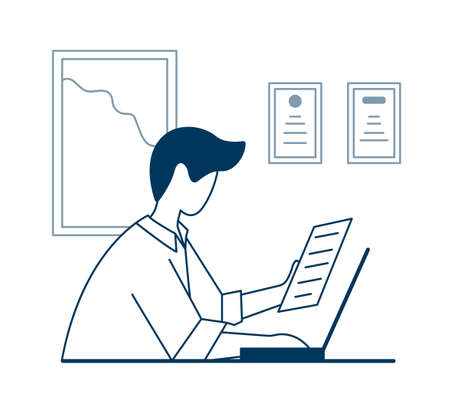 The guy studies online remotely via a laptop, sits at a table and holds a paper in his hands.のイラスト素材