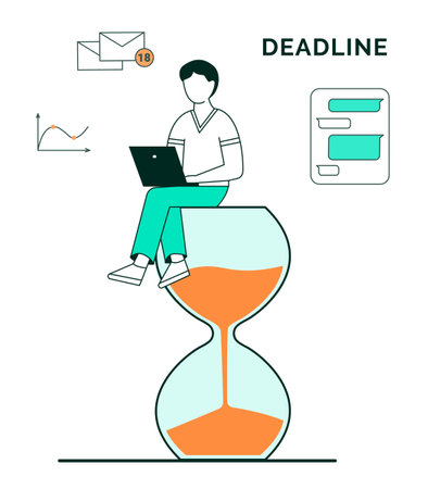 Concept on topic of deadline. Outline style. A man is sitting on an hourglass with a laptop and working, next to a chat in a messenger, graph and unread letters.のイラスト素材