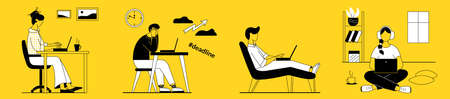Men and women work, study on a laptop at home remotely online. They sit in a chair, legs stretched out, on the floor, at a table. Deadline. Linear style.のイラスト素材