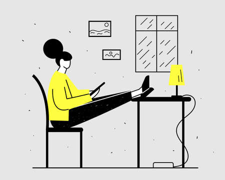 A woman is sitting at home on a chair, putting her feet on the table and looking at a smartphone, tablet. Communicates online remotely, checks social networks. Its raining outside the windowのイラスト素材