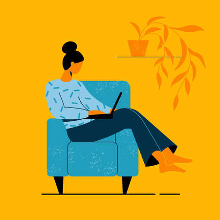 A woman is sitting at home in a chair and working, studying on a laptop. Vector illustrationのイラスト素材