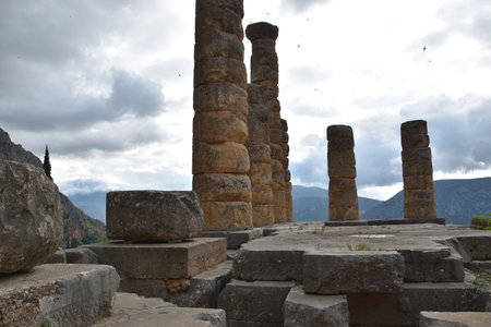 View of the main monuments of Greece. Ruins of Delphi. Old stone wall with inscriptionsの写真素材