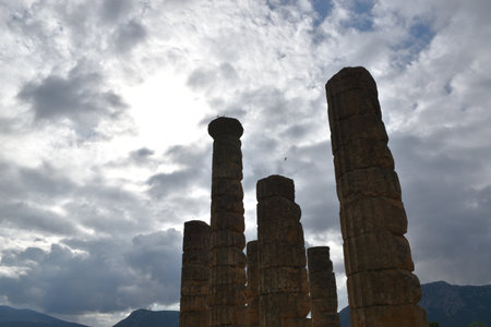 View of the main monuments of Greece. Ruins of Delphi. Oracle of Delphi.