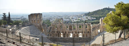 Panoramic view of the main monuments and places of Athens (Greece): Theater of Dionysus or Herod...