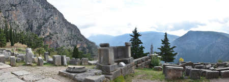 Panoramic view of the main monuments and places of Greece. Ruins of ancient Delphi, on Mount...