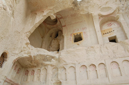 Valley of Goreme, in Cappadocia (Central Anatolia, Turkey). Ancient rock-cut Christian Byzantine churches. Old paintings. Fairy chimneysの写真素材