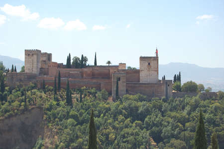 View of the most emblematic streets and historic buildings of Granada (Andalusia, Spain). La Alhambra from the viewerpoint of San Nicolasのeditorial素材