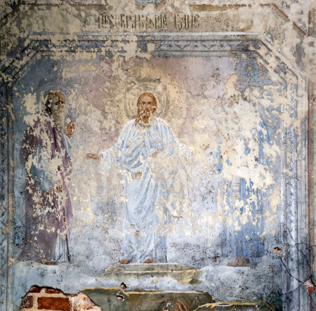 Painting on the walls of an abandoned Church, Russia, Kostroma region, Sudislavsky district, former village of Ust-Penyeのeditorial素材