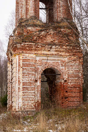 Abandoned bell tower 18th century, Church of the Holy Trinity in Troitsa-Zazharye, Belfry, Russia, Kostroma regionの写真素材