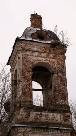 The belfry of an abandoned temple, Church of the assumption, tract Salenka, Kostroma oblast, Russiaの写真素材