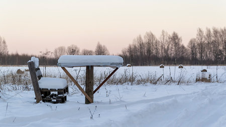 lonely bench and table in the field in winterの写真素材