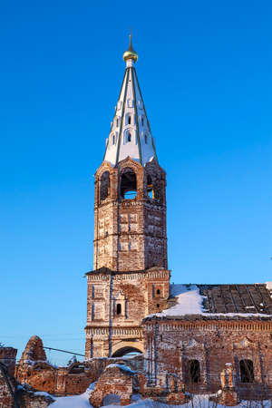 Bell tower of the ancient orthodox destroyed Ñhurch, Dunilovo, Ivanovo region, Russiaの写真素材