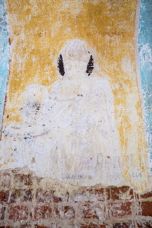 remains of drawings on the walls of a destroyed Orthodox church, Troitskoye village, Kostroma region, Russiaのeditorial素材