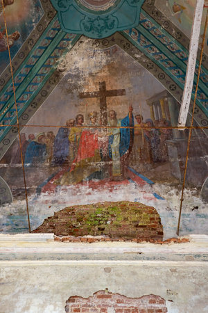 Painting of the walls of an abandoned Orthodox church, Nasakino village, Kostroma region, Russia. Date of construction 1824. Currently the village does not exist the church is abandonedのeditorial素材