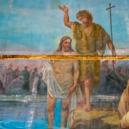 Painting of the walls of an abandoned Orthodox church, Nasakino village, Kostroma region, Russia. Date of construction 1824. Currently the village does not exist the church is abandonedのeditorial素材