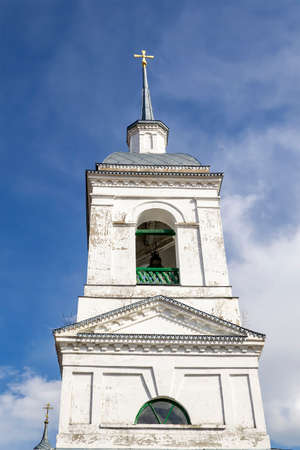 white Orthodox bell tower, Korshunovo village, Kostroma region, Russia, built in 1800