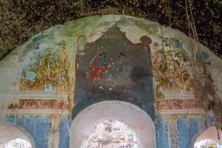 wall painting inside an abandoned Orthodox church, the village of Grudevo, Kostroma region, Russia, built in 1801の写真素材