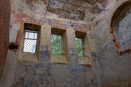 interior of the destroyed Orthodox church, Kostroma region, Russia, Nikolo-Mosty tract, built in 1823 currently the church is abandonedの写真素材