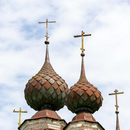 domes of an old abandoned church, Knyazhevo village, Kostroma region, Russia, built in 1802の写真素材