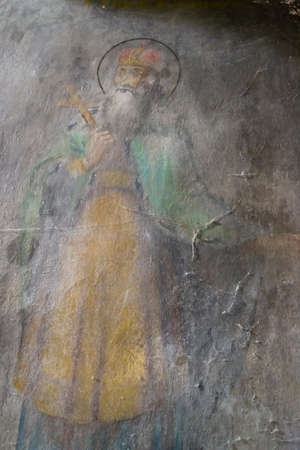 wall painting in an abandoned Orthodox church, Knyazhevo village, Kostroma region, Russia, year of...