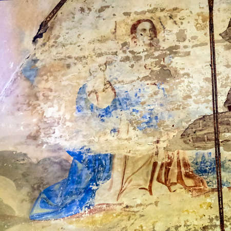drawings on the walls of an abandoned Orthodox church, the temple complex of the village of Ilyinsky on the Shacha River, Kostroma region, Russia, built in 1760, 1772. The complex is currently abandonedの写真素材