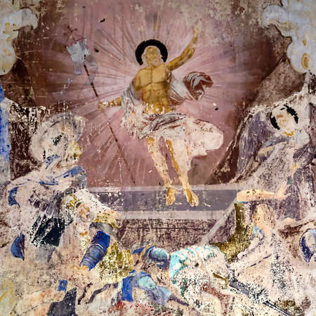 illustrations from the Bible on the wall of an abandoned church, the village of Nikitskoye, Kostroma...