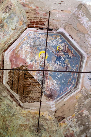 wall painting in an abandoned church, the village of Ostrov, Kostroma province, Russia. The year of construction is 1782. Currently, the temple is abandoned.の写真素材