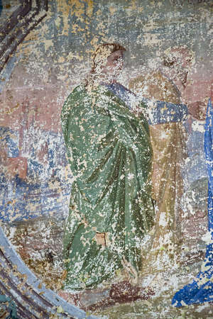 wall painting inside an abandoned Orthodox church, the village of Sukhorukovo, Kostroma province,...