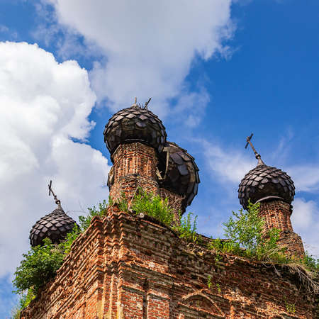 domes of an old abandoned church, the village of Sukhorukovo, Kostroma province, Russia. The...
