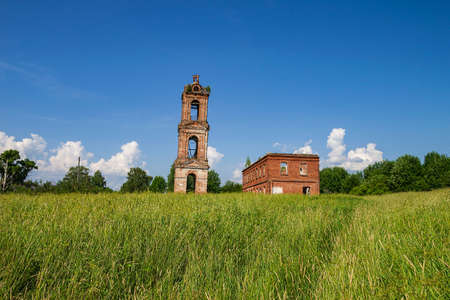 landscape, old abandoned Orthodox church, Khripeli village, Kostroma province, Russia. The year of...