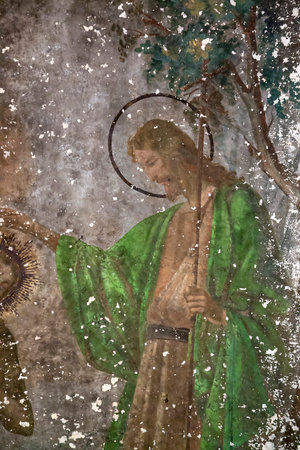 wall painting inside an abandoned Orthodox church, church of the village of Pokrovskoye, Kostroma province, Russia. Year of construction 1800. Currently, the temple is being restored.の写真素材