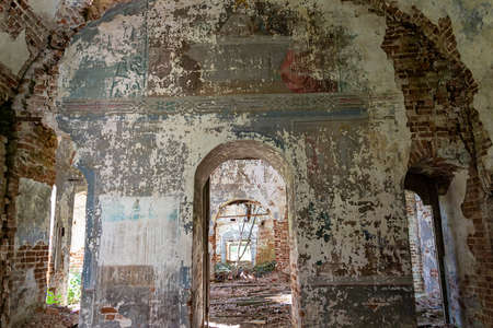 interior of an abandoned Orthodox church, Pokrovskaya Church on the Letter River, Kostroma province, Russia. The year of construction is 1792. Currently, the temple is abandoned.の写真素材