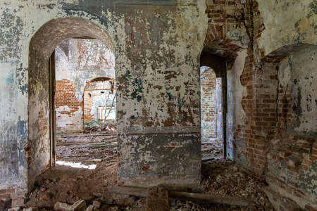 interior of an abandoned Orthodox church, Pokrovskaya Church on the Letter River, Kostroma province, Russia. The year of construction is 1792. Currently, the temple is abandoned.の写真素材