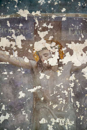 frescoes on the walls of an abandoned church, Pokrovskaya Church on the Letter River, Kostroma province, Russia. The year of construction is 1792. Currently, the temple is abandoned.の写真素材